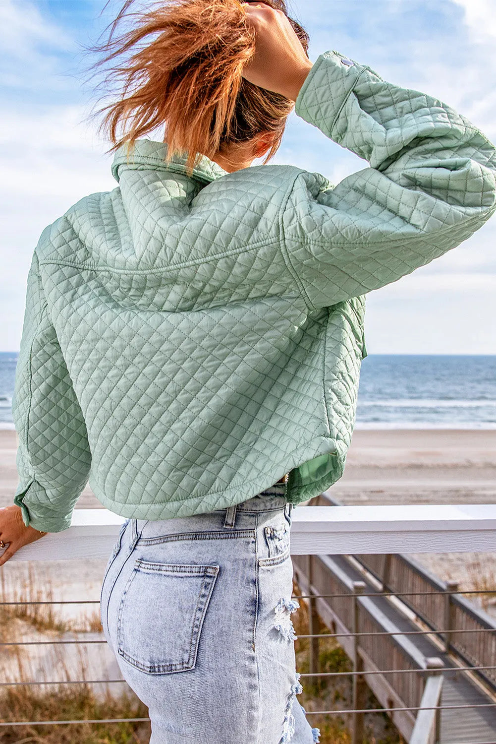 Green Quilted Pocketed Zip-up Cropped Jacket - Chic Meadow Boutique 