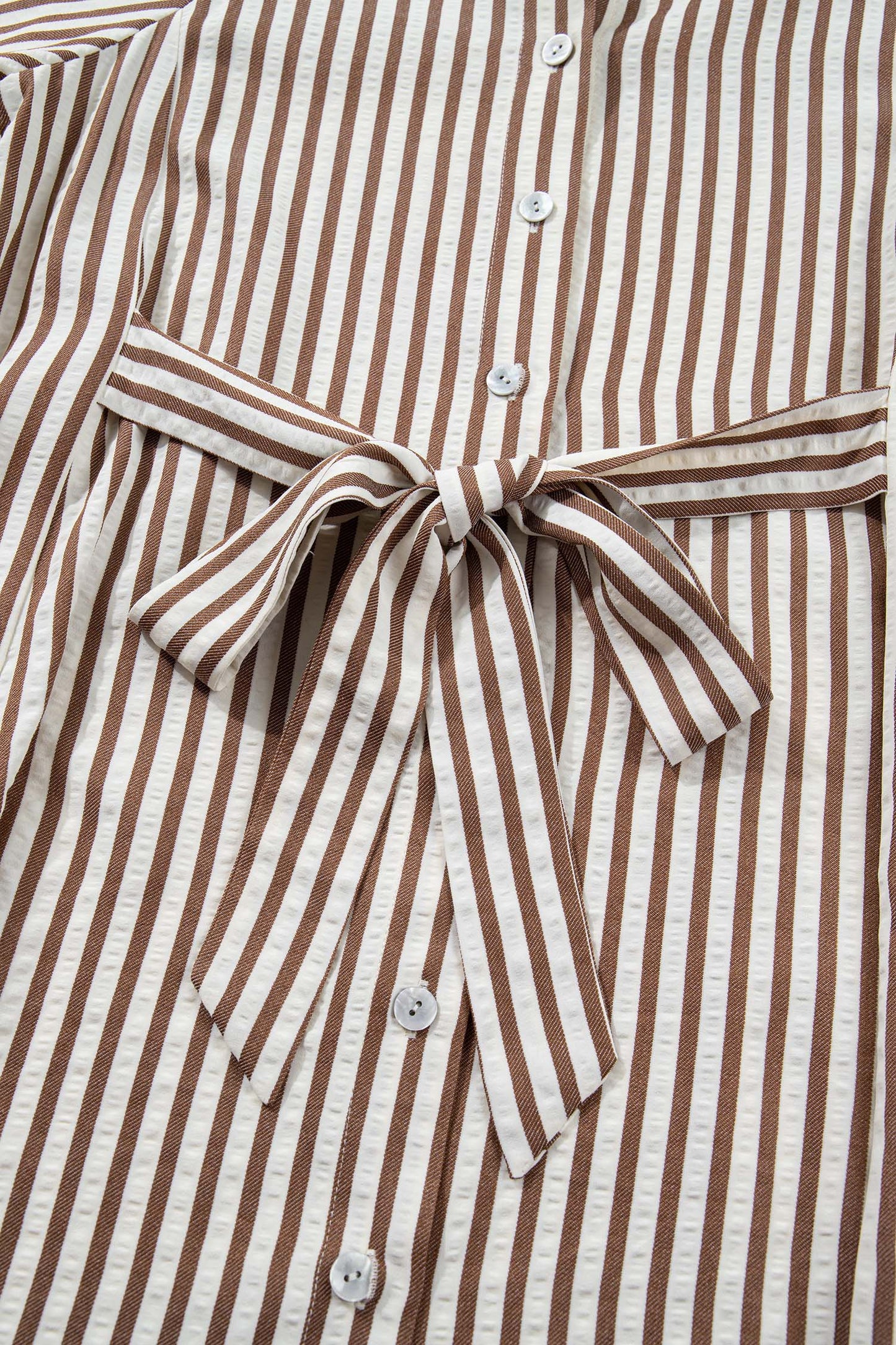 Brown Stripe Knot Waist Puff Sleeve Button Down Mini Shirt Dress