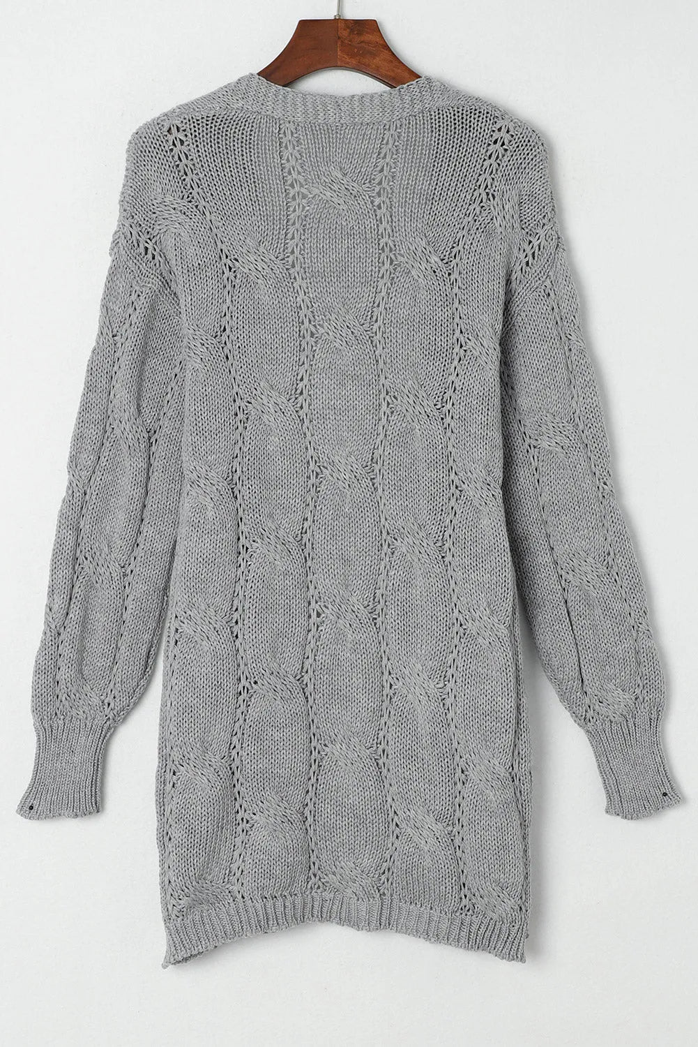 Gray Ribbed Trim Eyelet Cable Knit Cardigan - Chic Meadow Boutique 