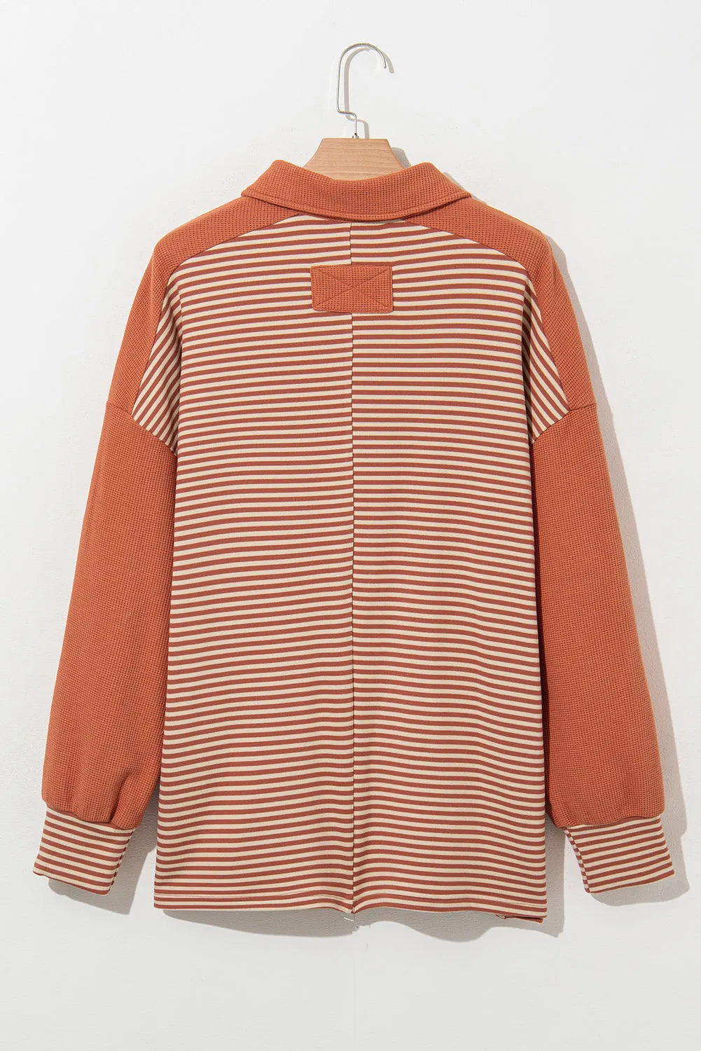 Red Stripe Textured Patched Drop Shoulder Buttoned Plus Size Sweatshirt - Chic Meadow Boutique 