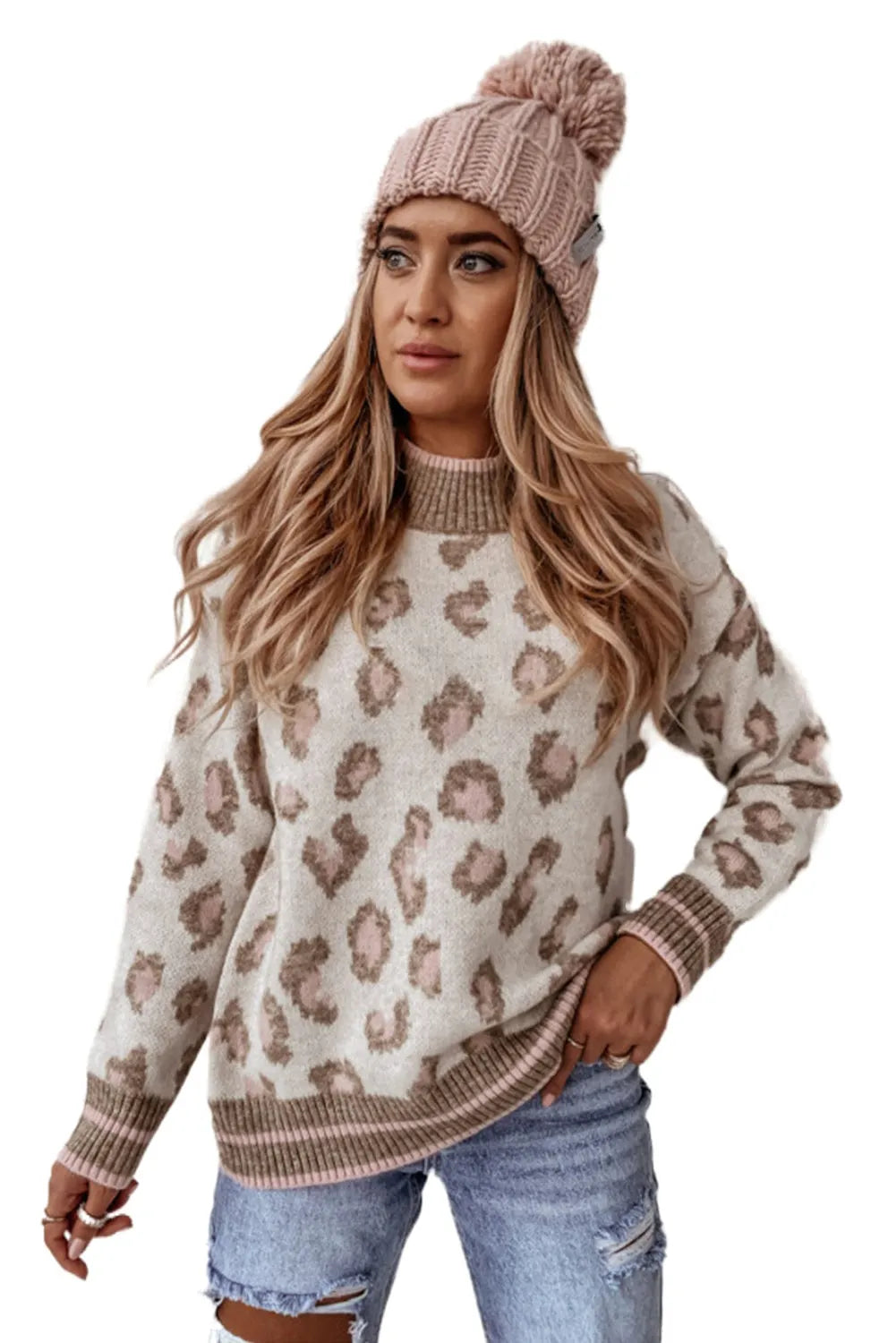 Brown Two-tone Ribbed Trim Contrast Leopard Sweater - Chic Meadow Boutique 