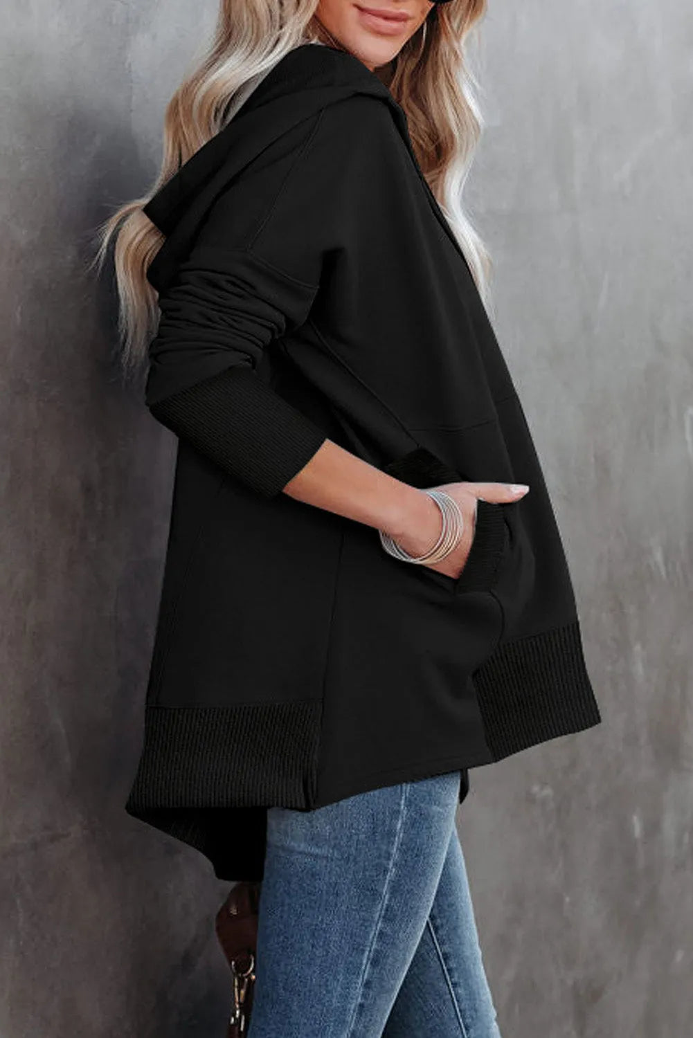 Black Batwing Sleeve Pocketed Henley Hoodie - Chic Meadow Boutique 