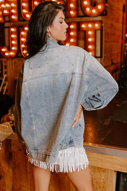 Dusk Blue Rhinestone Embellished Flap Pocket Denim Jacket - Chic Meadow Boutique 