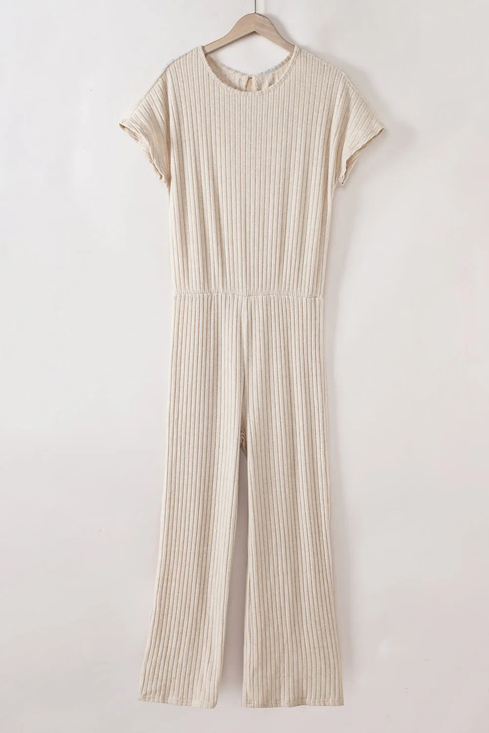 Parchment Solid Color Ribbed Short Sleeve Wide Leg Jumpsuit - Chic Meadow Boutique 