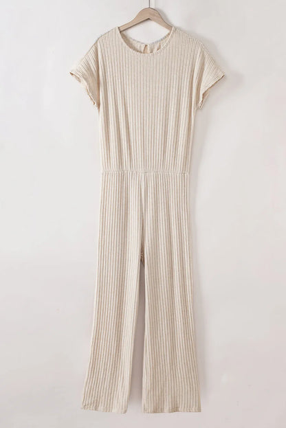 Parchment Solid Color Ribbed Short Sleeve Wide Leg Jumpsuit - Chic Meadow Boutique 