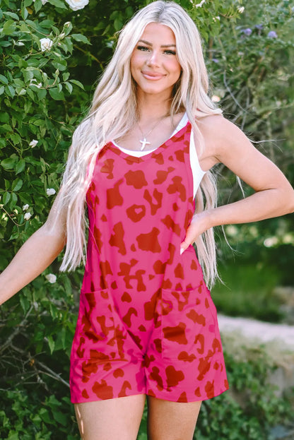 Rose Red Leopard Pocketed V Neck Sleeveless Romper - Chic Meadow Boutique 