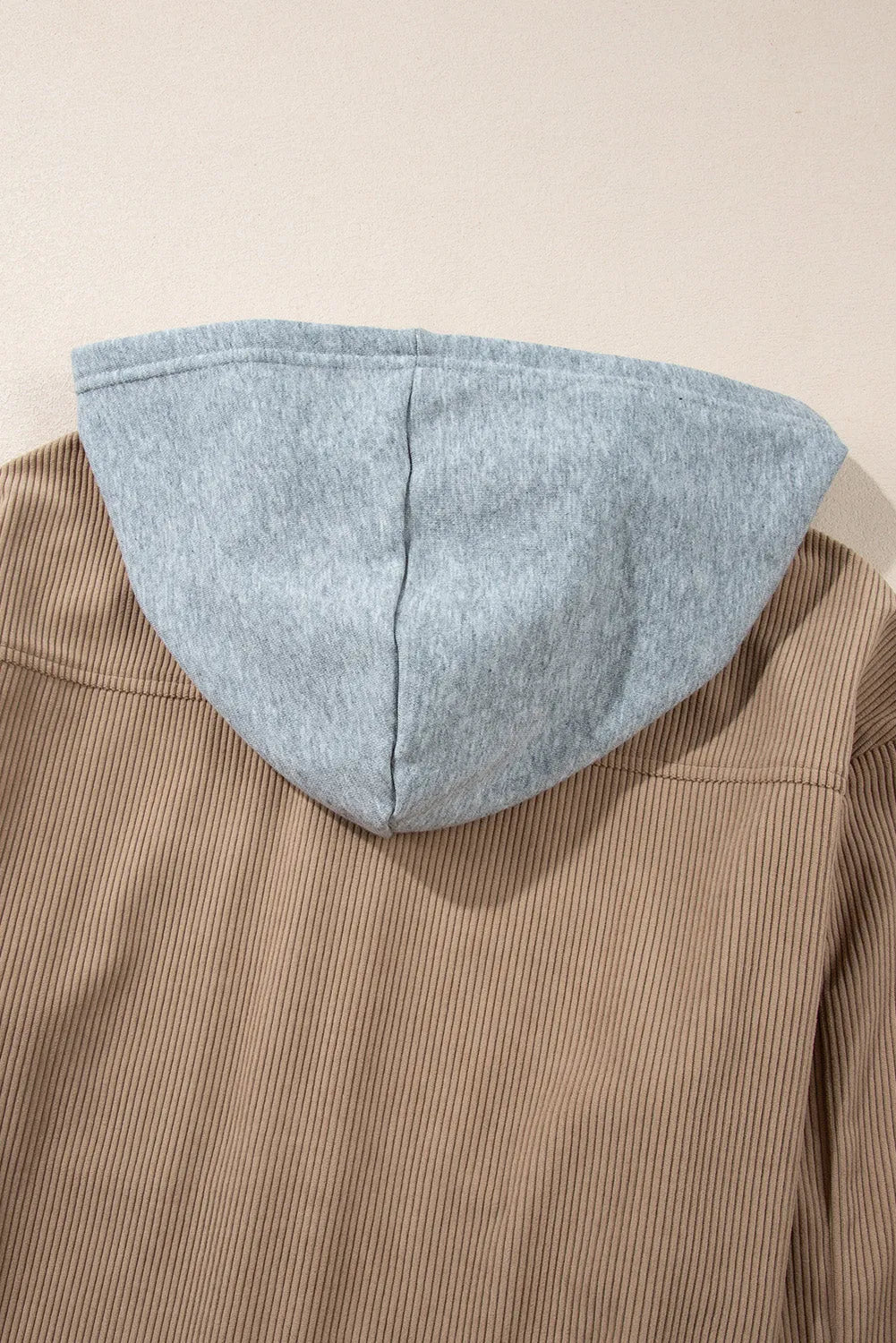 Outerwear/Jackets Pale Khaki Hooded Drawstring Pockets Corduroy Shacket