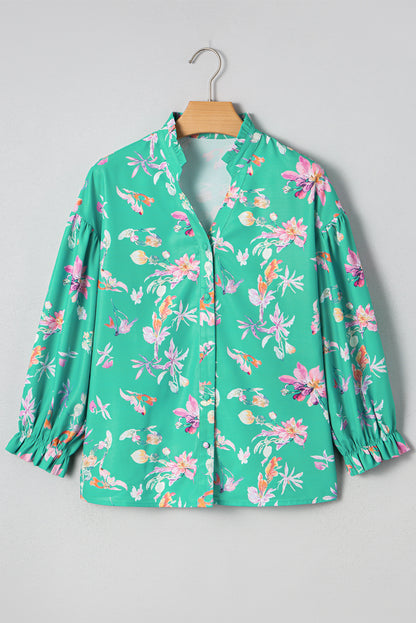 Green Floral Lantern Sleeve Button Front Shirt