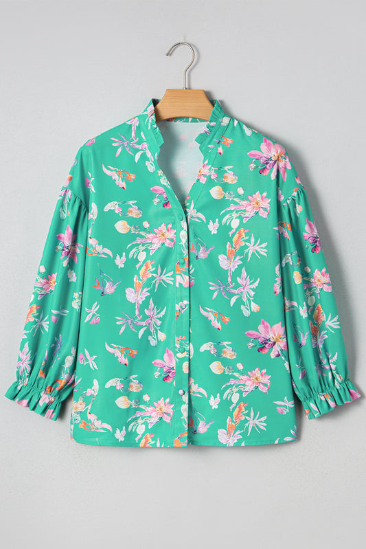 Green Floral Lantern Sleeve Button Front Shirt