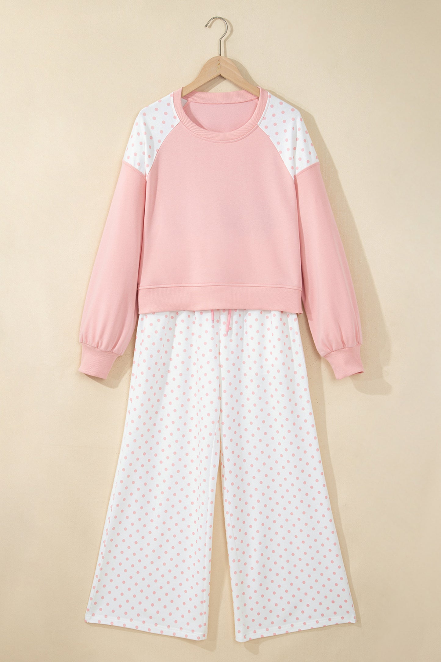 Pink Polka Dot Patchwork Colorblock Long Sleeve Casual Two Piece Pants Set