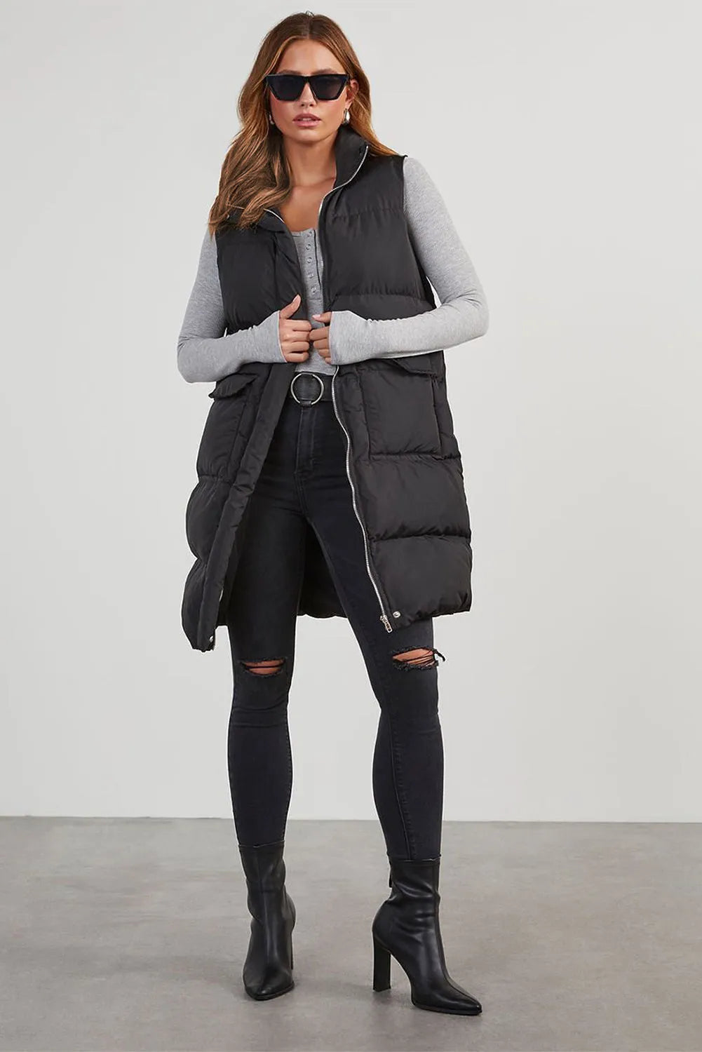 Black Windproof Longline Full Zipper Puffer Vest with Pockets - Chic Meadow Boutique 