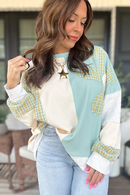 Light Blue Plaid Patchwork Round Neck Long Sleeve Top