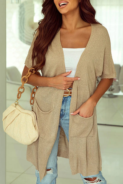 Khaki Dolman Half Sleeve Pocketed Long Cardigan - Chic Meadow Boutique 