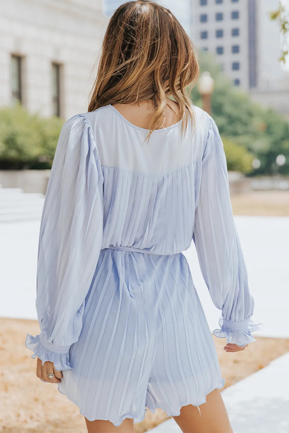 Sky Blue Pleated Ruffled Tie Waist Buttons V Neck Romper - Chic Meadow Boutique 