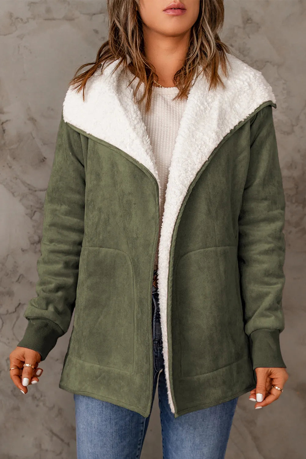 Green Faux Suede Fleece Lined Open Front Jacket - Chic Meadow Boutique 