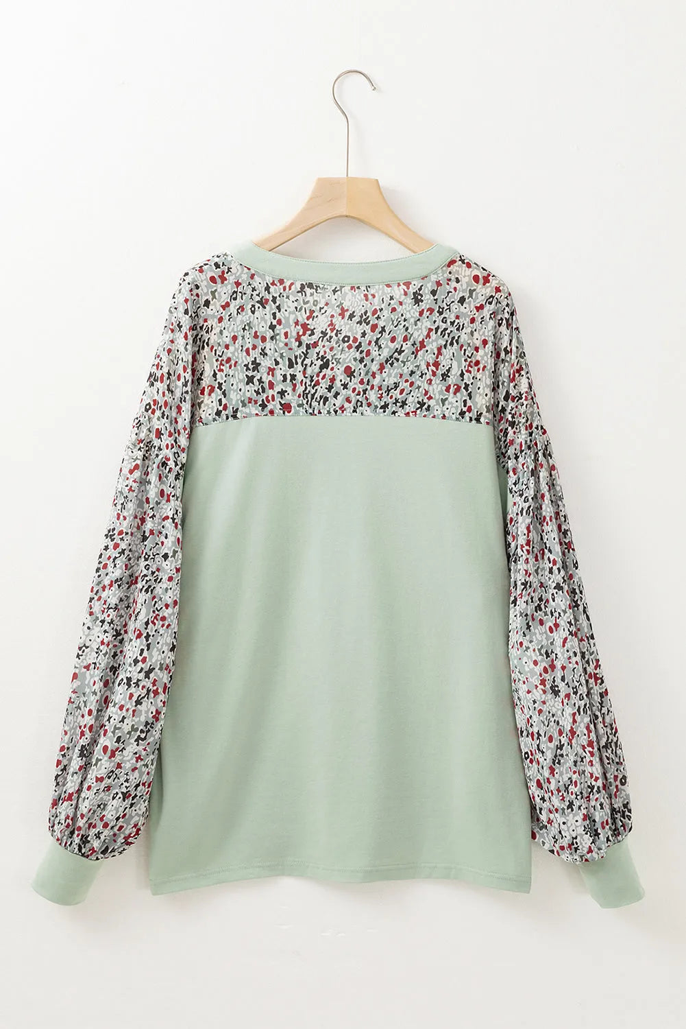 Meadow Mist Green Contrast Printed Bubble Sleeve Henley Loose Top with Slits - Chic Meadow Boutique 