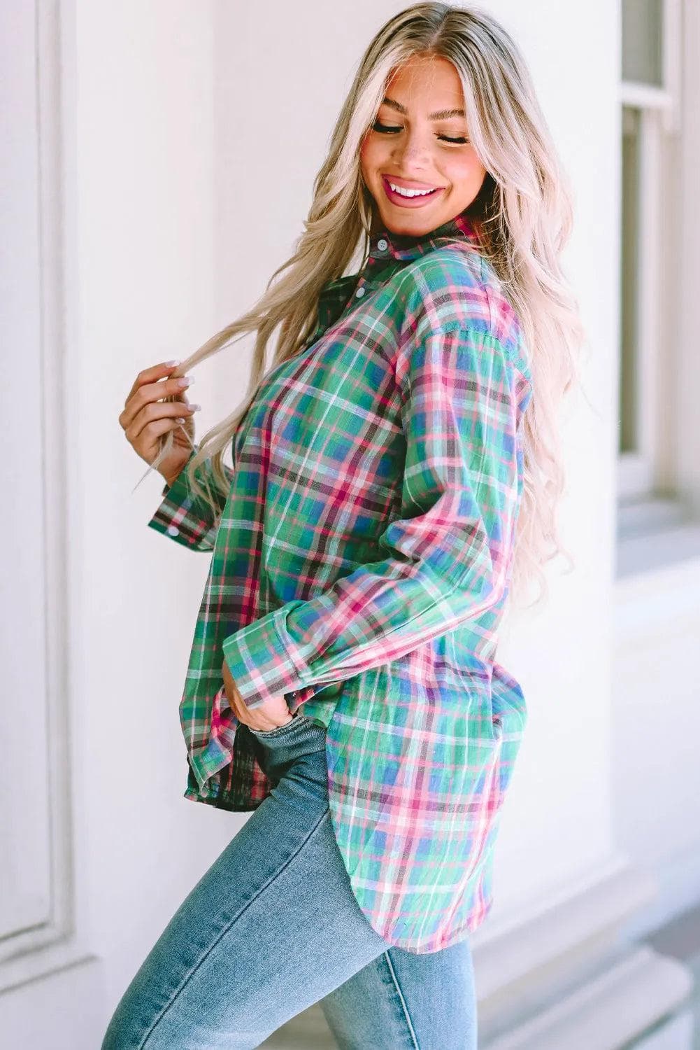 Tops/Blouses & Shirts Green Plaid Long Sleeve Button Down Split Shirt