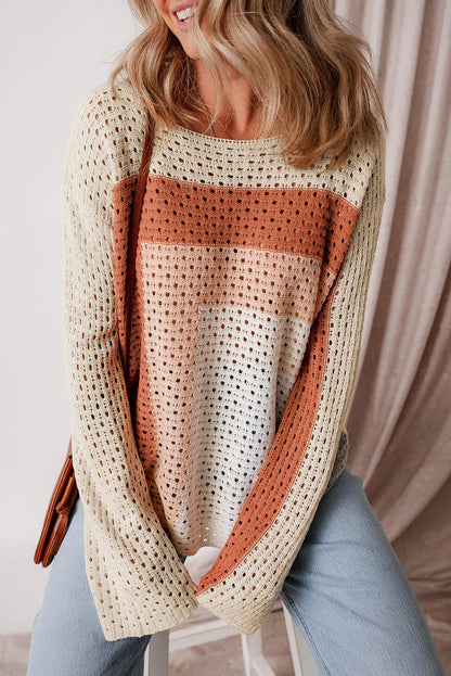 Apricot Pointelle Knit Colorblock Baggy Sweater - Chic Meadow Boutique 