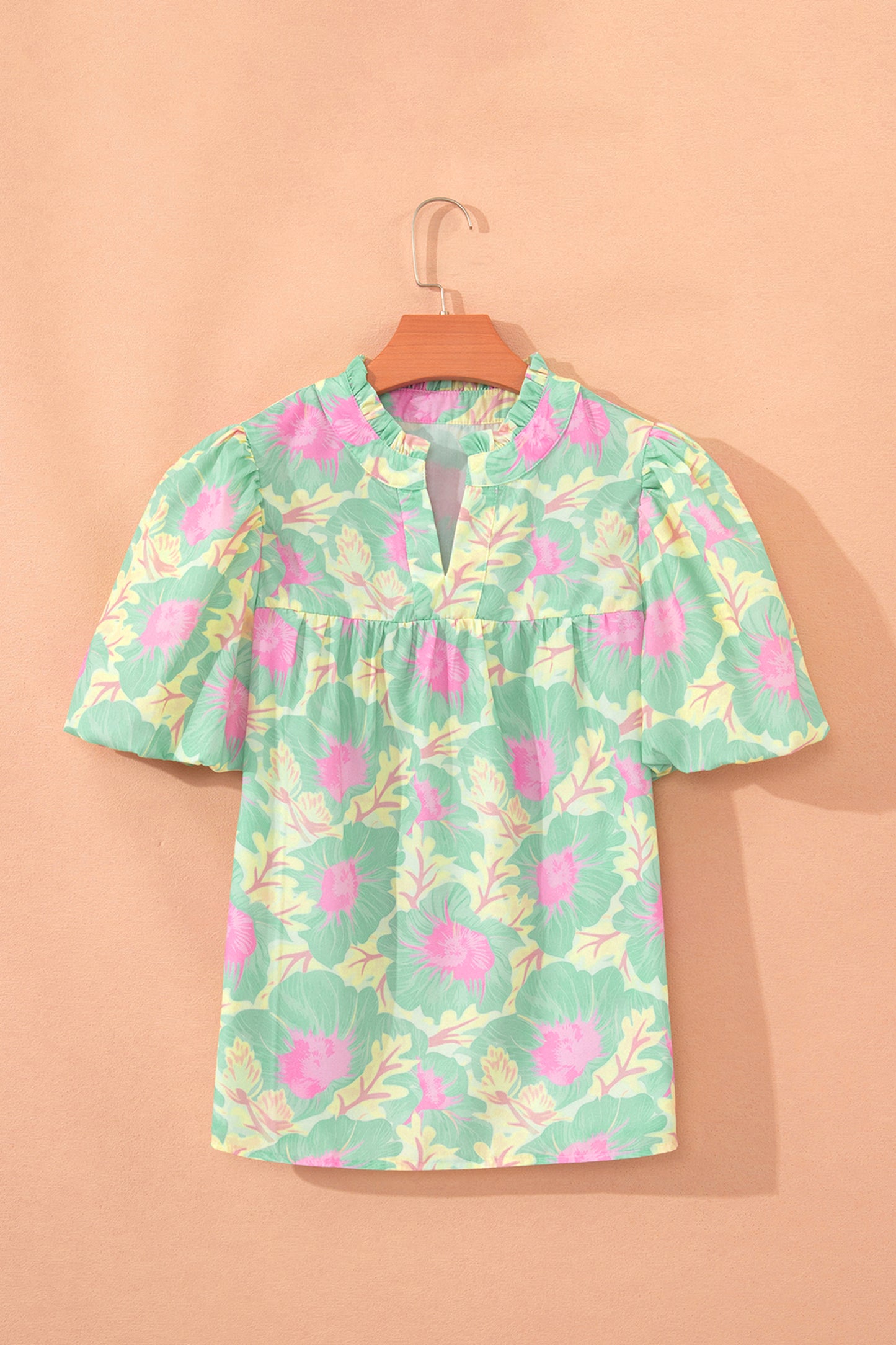 Green Short Bubble Sleeve Summer Floral Blouse