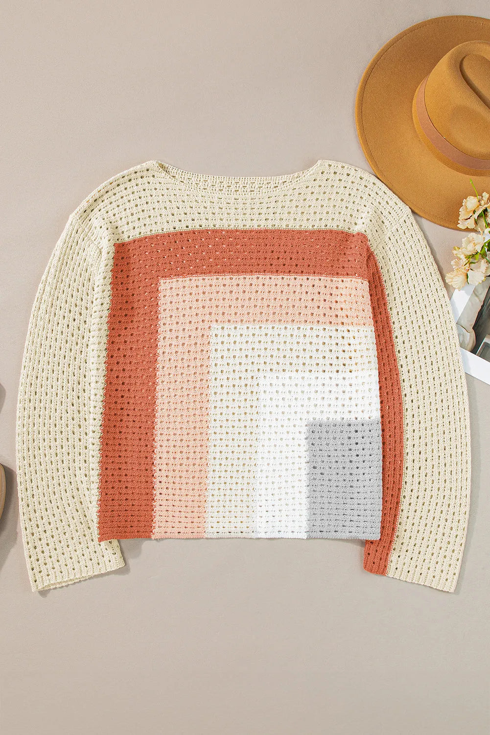 Apricot Pointelle Knit Colorblock Baggy Sweater - Chic Meadow Boutique 