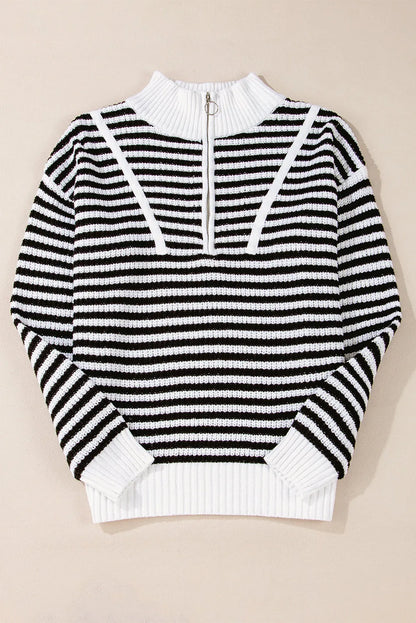 Black Stripe Zip up Collar Drop Shoulder Sweater - Chic Meadow Boutique 