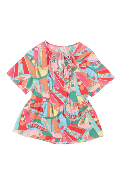 Multicolor Boho Abstract Pattern Split V Neck Flowy Blouse - Chic Meadow Boutique 