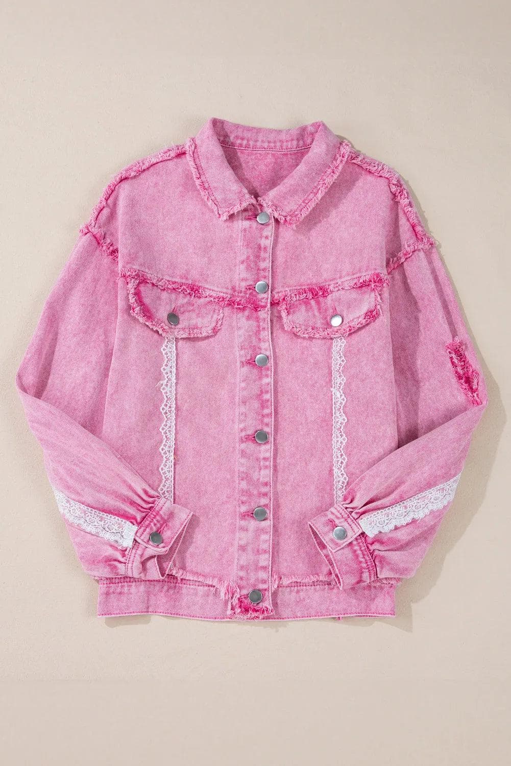 Outerwear/Denim jackets Pink Lace Patchwork Distressed Buttoned Denim Jacket