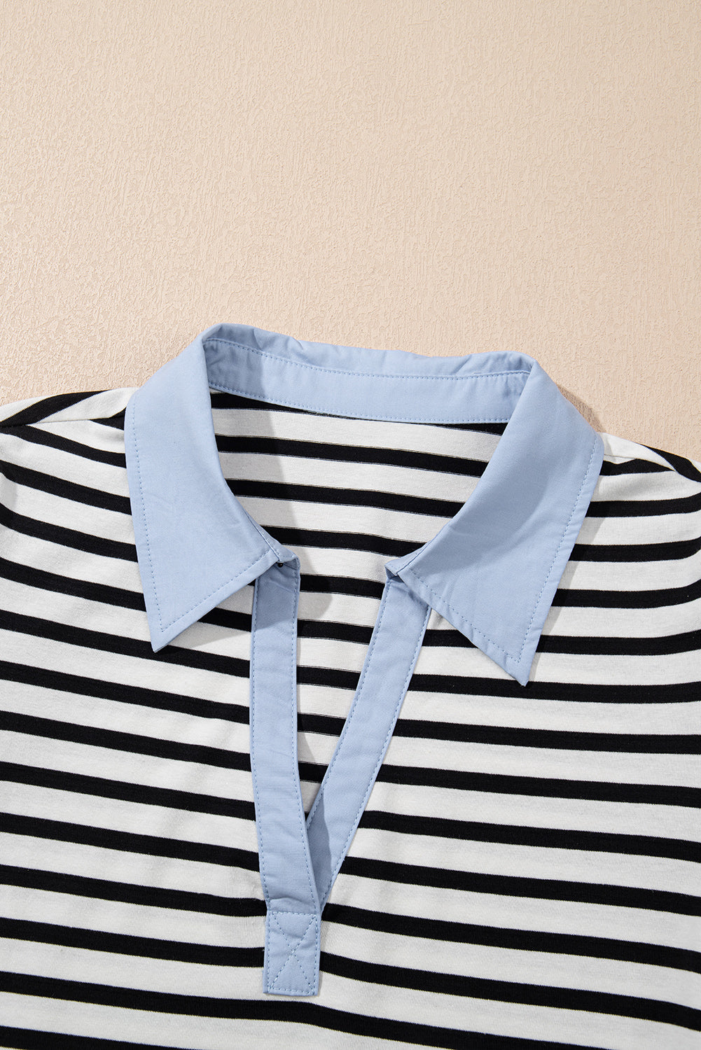 Black Stripe Contrast V Neck Collared Puff Sleeve T Shirt Mini Dress with Pockets