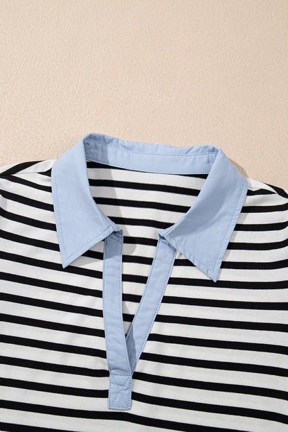 Black Stripe Contrast V Neck Collared Puff Sleeve T Shirt Mini Dress with Pockets