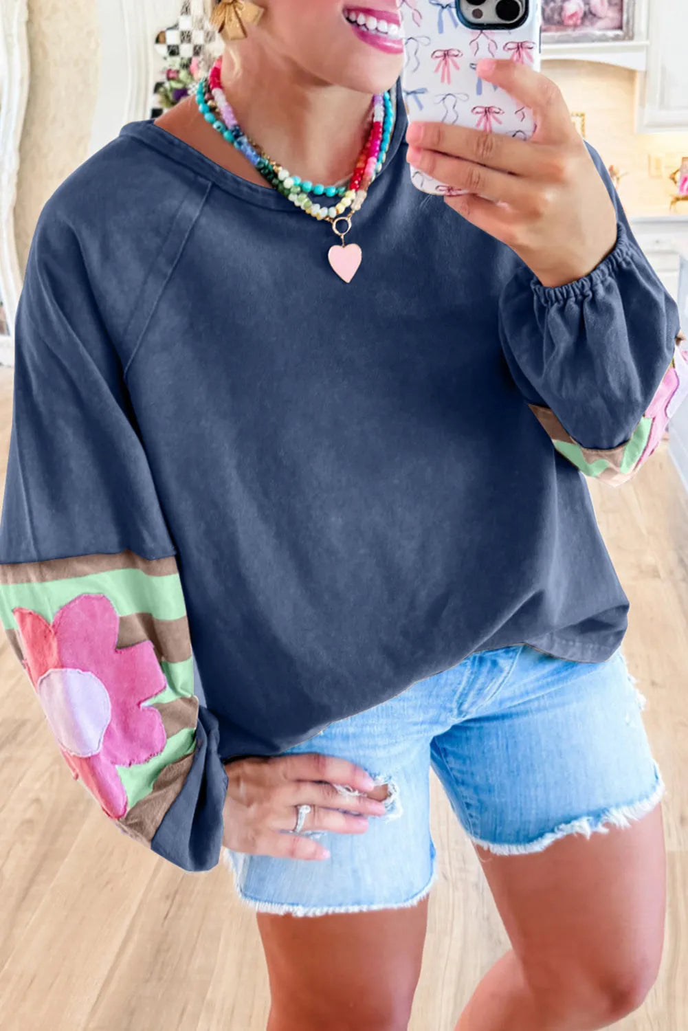 Sail Blue Flower Patchwork Raglan Sleeve Exposed Seam Oversized Top - Chic Meadow Boutique 