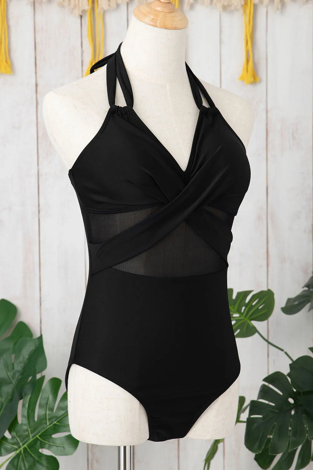 Black Halter Mesh Insert Cross Front One-Piece Swimsuit - Chic Meadow Boutique 