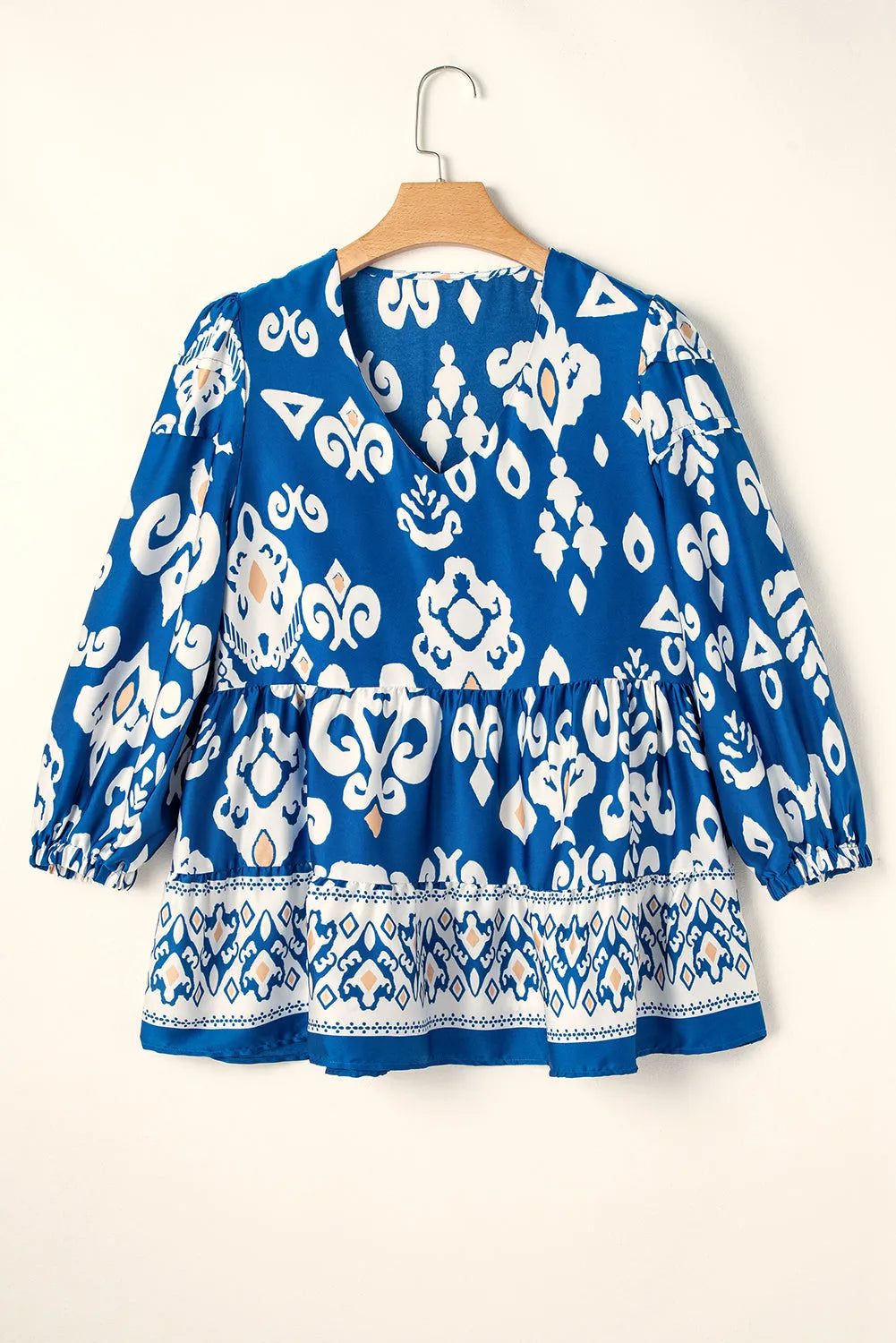 Blue Tribal Geometric Print 3/4 Sleeve Flowy Fit Blouse - Chic Meadow Boutique 