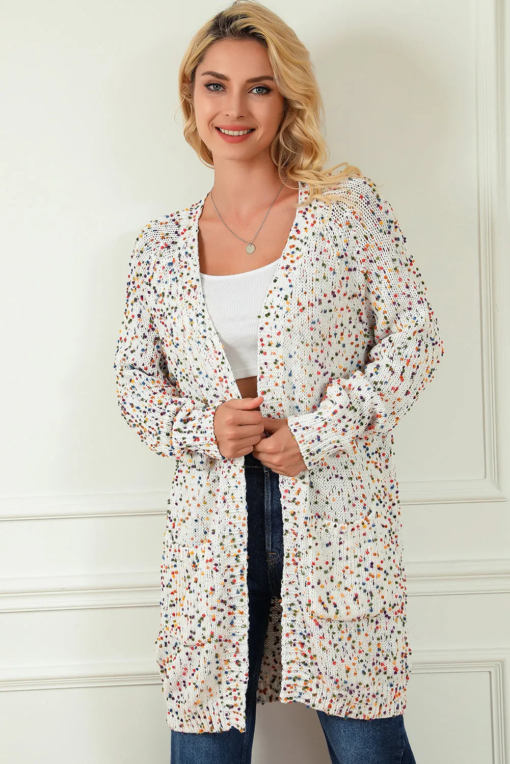 White Rainbow Popcorn Speckles Open Front Cardigan - Chic Meadow Boutique 