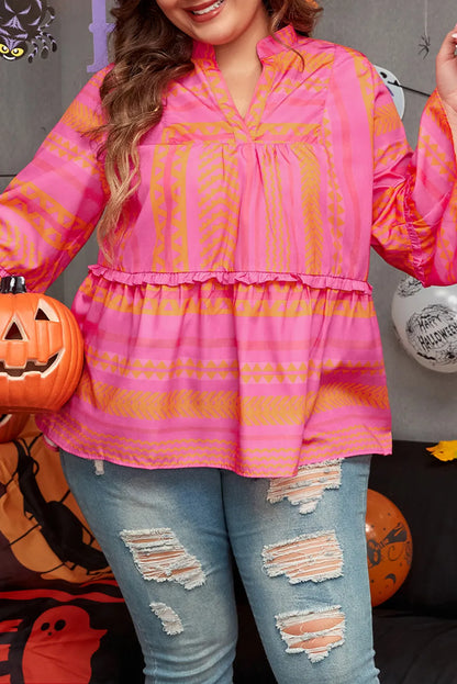 Vitality Orange Plus Size Geometric Embroidered Bell Sleeve Babydoll Blouse - Chic Meadow Boutique 