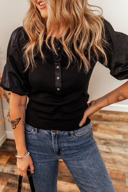 Black Ribbed Patchwork Puff Sleeve Half Button Placket Slim Fit Top