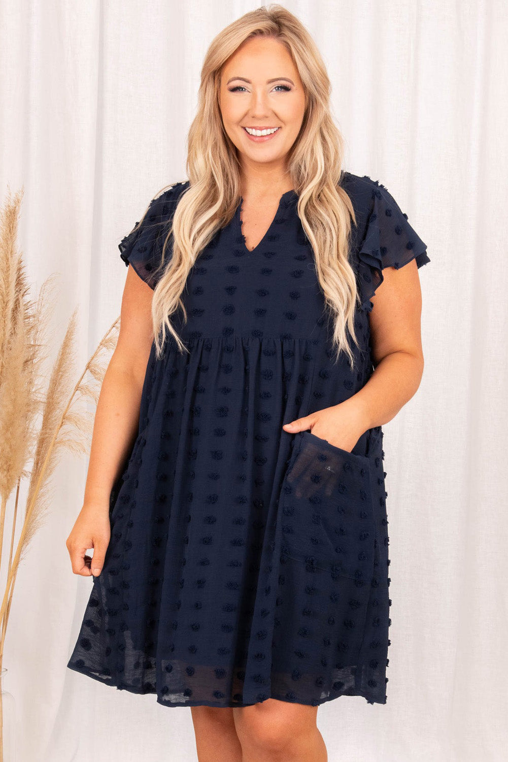 Navy Blue Dotty Textured Notched Neck Plus Ruffled Dress