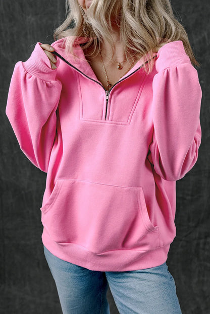 Bonbon Zip-up Stand Neck Kangaroo Pocket Sweatshirt - Chic Meadow Boutique 