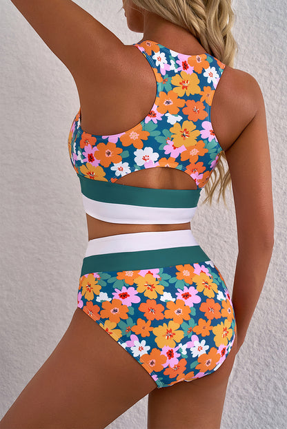 Green Floral Print Racerback Cutout High Waist 2pcs Bikini