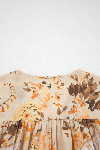 Khaki Paisley Print Decorative Binding Tape V Neck Shift Blouse