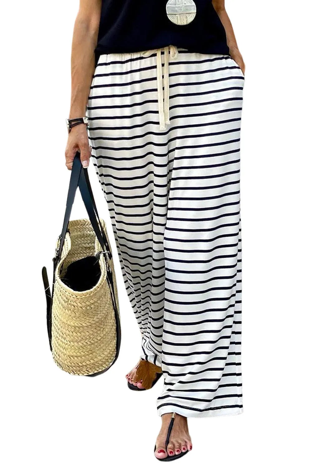 White Drawstring Striped Wide Leg Pants - Chic Meadow Boutique 