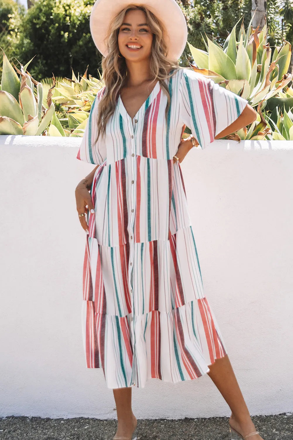 Serape Striped V Neck Buttoned Shirt Dress - Chic Meadow Boutique 