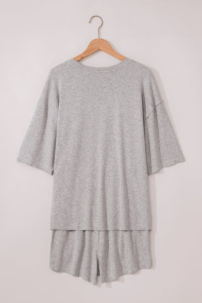 Gray Solid Color Loose Tee 2 Piece Shorts Set