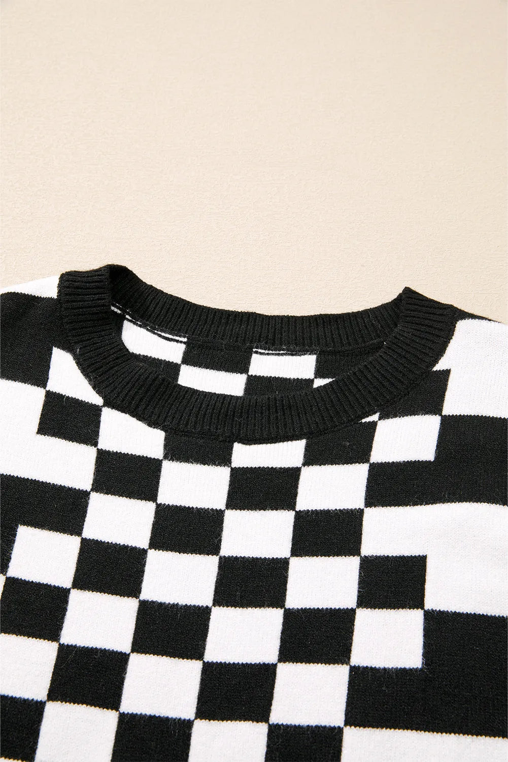 Black Checkered Print Drop Shoulder Round Neck Sweater - Chic Meadow Boutique 