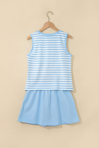 Sky Blue Stripe Slim Tank Contrast Ruffle Mini Skort Set