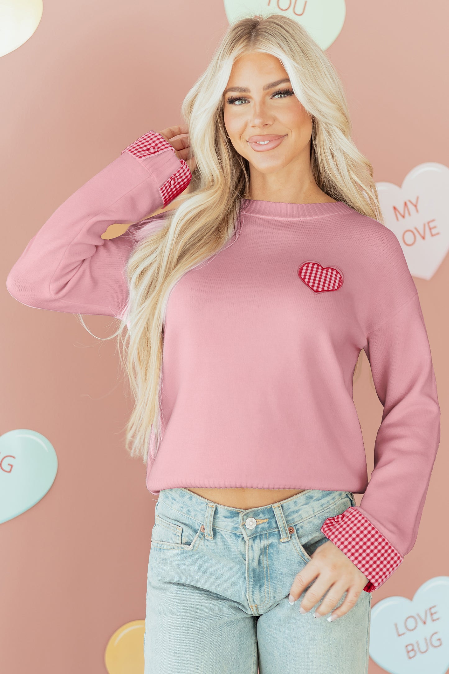 Light Pink Plaid Heart Embroidered Cuffed Drop Shoulder Crew Neck Sweater