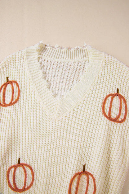 Beige Cable Knit Pumpkin Raw Hem V Neck Loose Sweater - Chic Meadow Boutique 