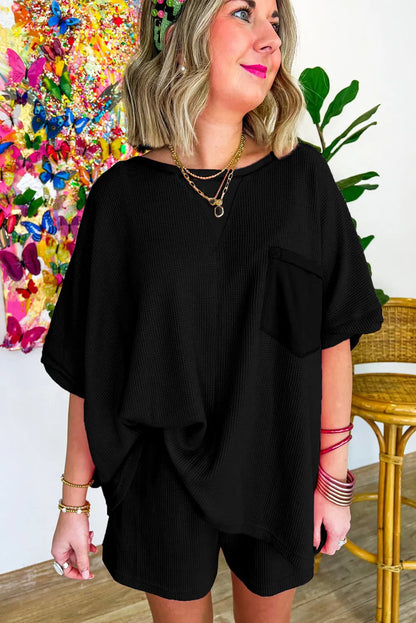 Black Waffle Knit Oversize Tee and Shorts Set - Chic Meadow Boutique 