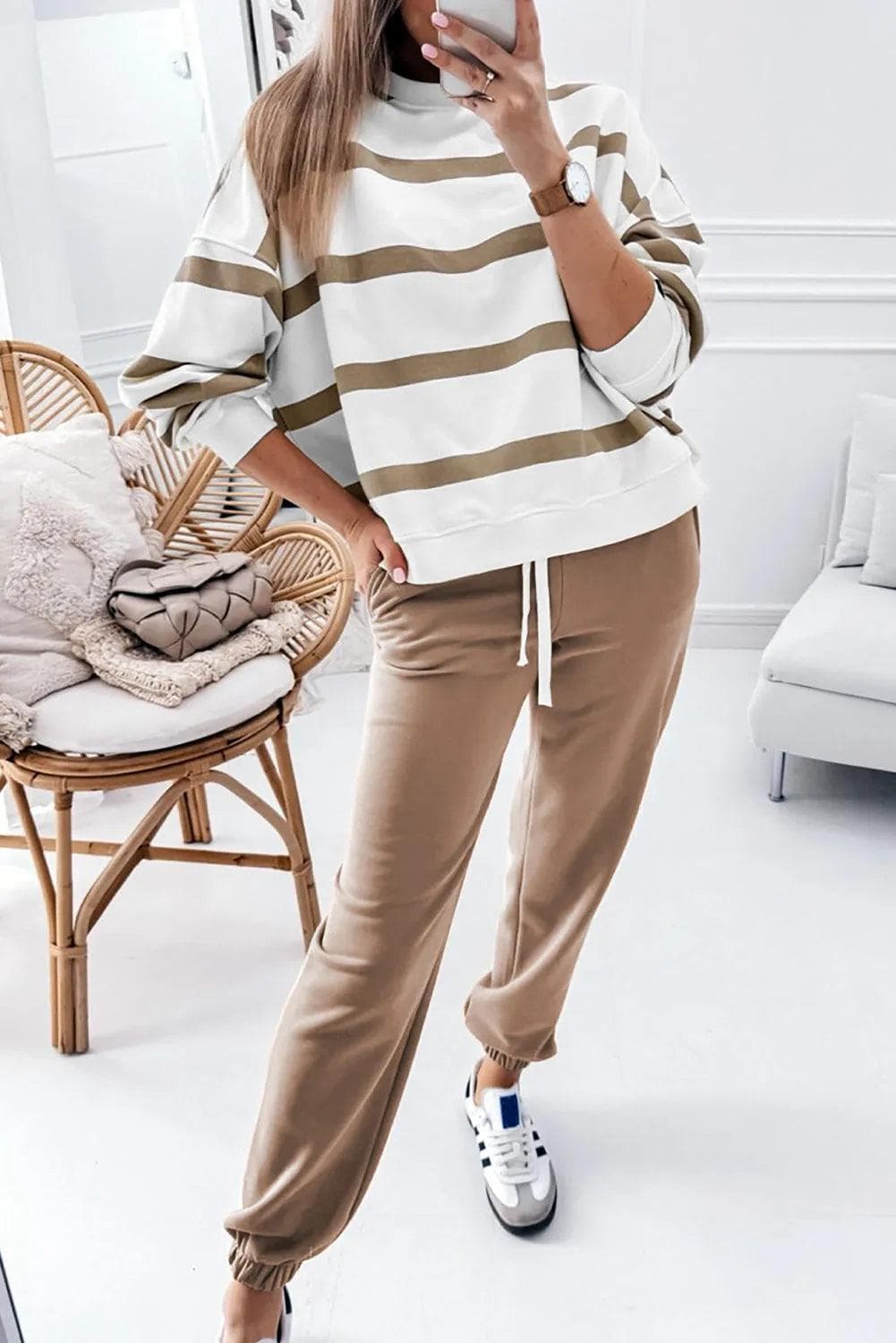 Two Piece Sets/Pant Sets Light French Beige / S / 100%Polyester Light French Beige Striped Drop Shoulder Pullover and Jogger Pants Set