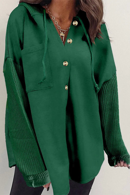 Blackish Green Button Up Contrast Knitted Sleeves Hooded Jacket - Chic Meadow Boutique 