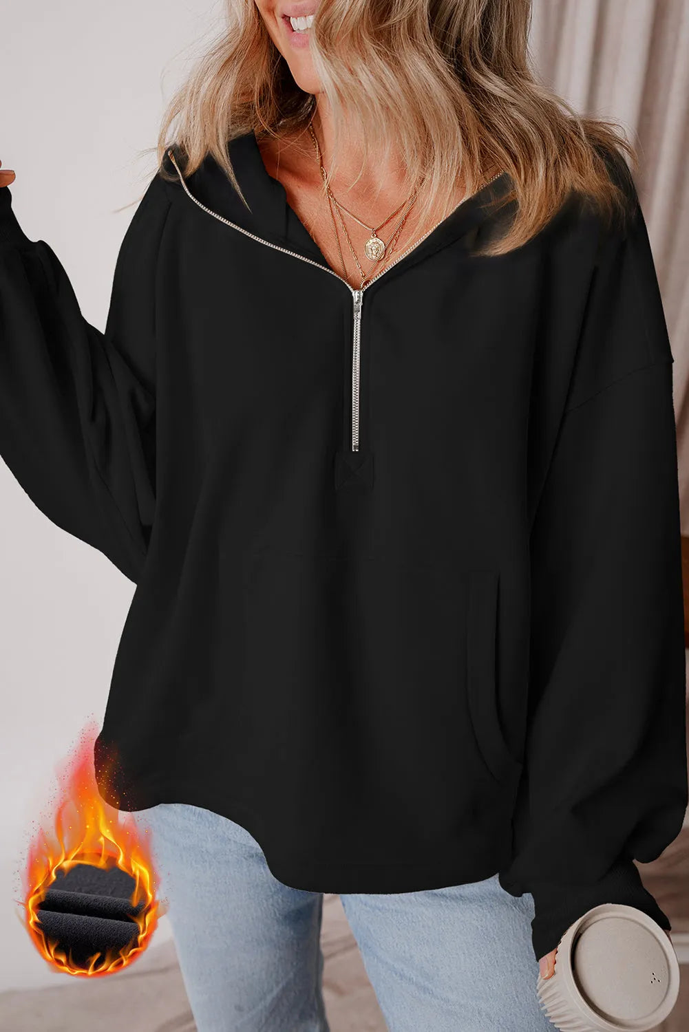 Black Fleece Lined Half Zipper Kangaroo Pockets Loose Hoodie - Chic Meadow Boutique 